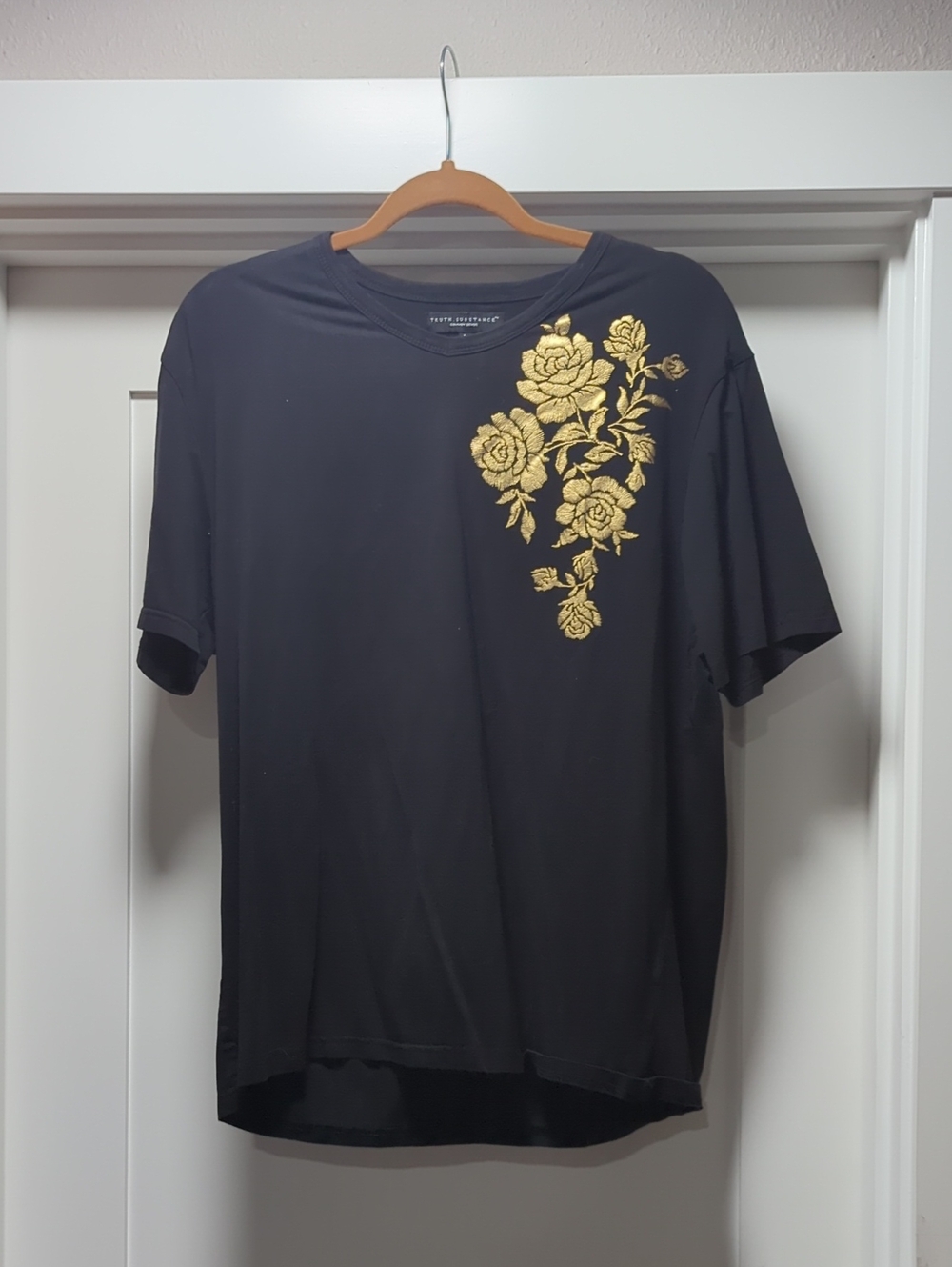 Black Short Sleeve Tee with Gold Floral Applique